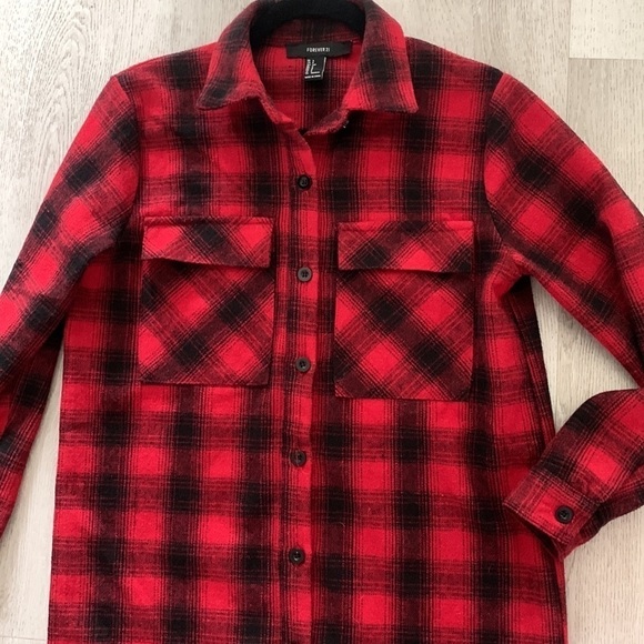 Forever 21‎ Buffalo Plaid Red/black long sleeve Flannel Tunic shirt jacket S - Picture 8 of 10